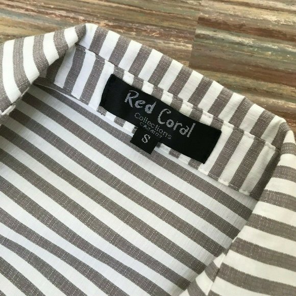 Red Coral Striped Tunic Shirt Asymmetric Hem Top White/Grey Oversized Flowy - Picture 6 of 7